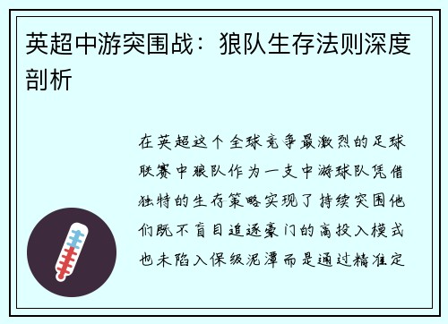 英超中游突围战：狼队生存法则深度剖析